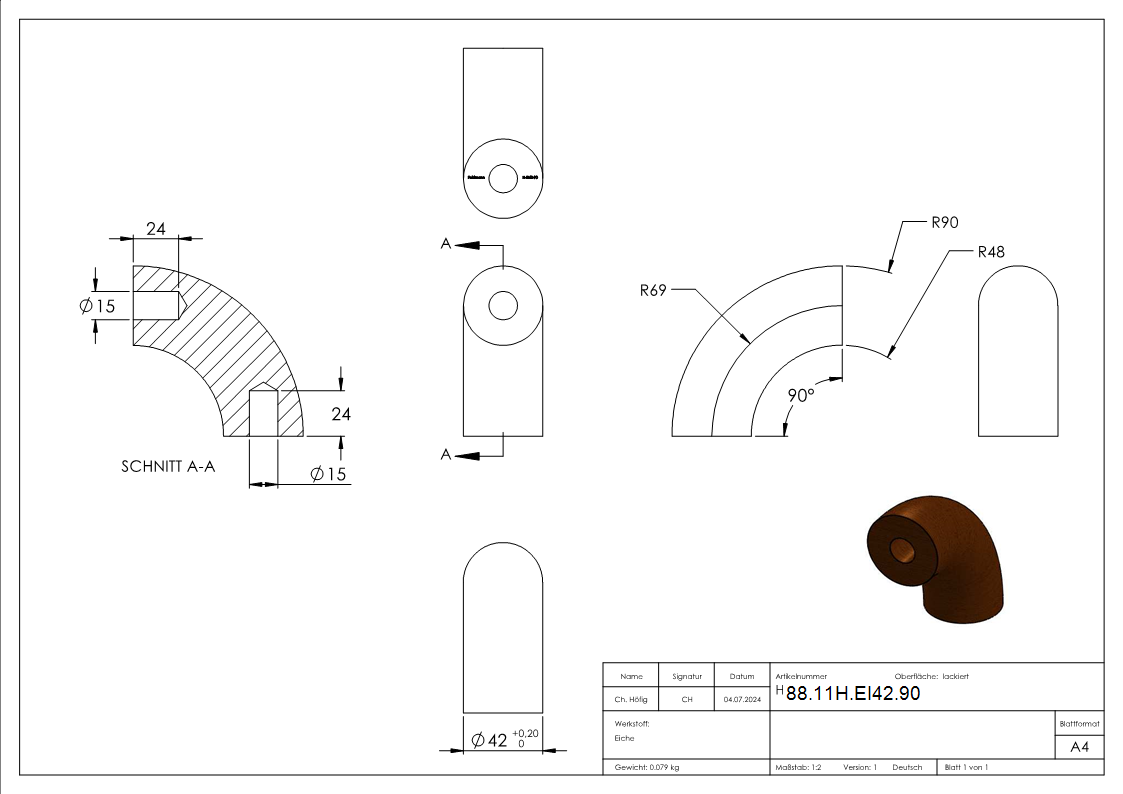 Holzhandlauf Bogen Eiche Ø 42-4 mm geschliffen lackiert-88-11H-EI42.90