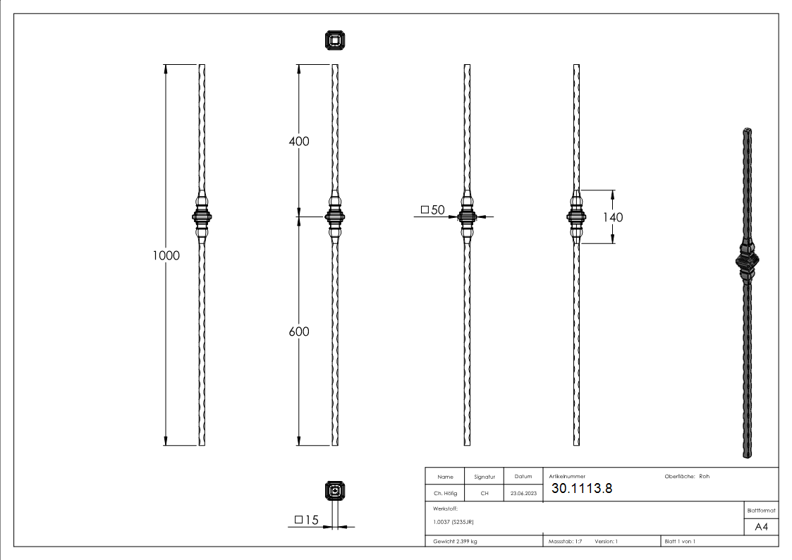 Barre décorative | longueur : 900 mm | matériau : 15x15 mm martelé | acier S235JR, brut
