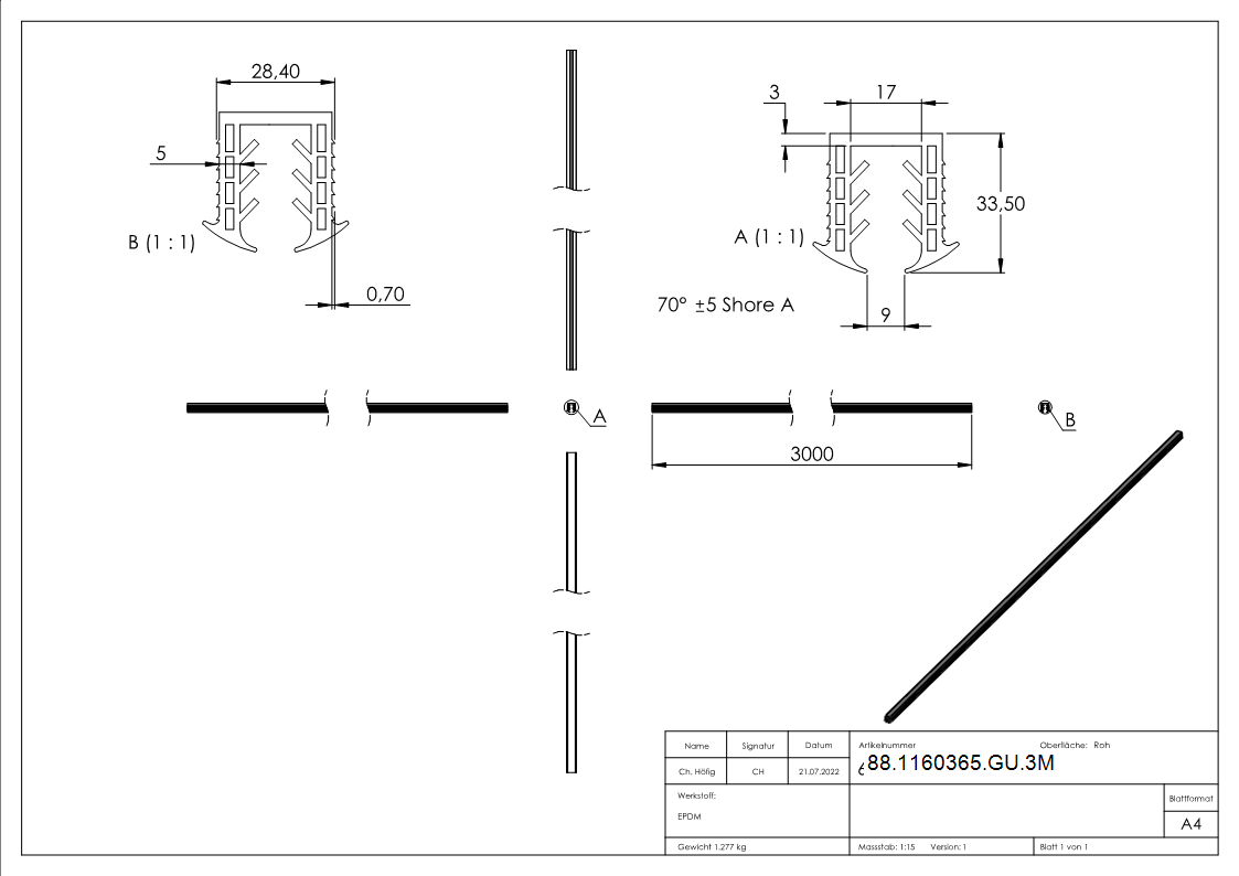 Keildichtung Glas 10-00 – 13-52mm- fuer Nut 27 x 30mm- Laenge 3m- EPDM-88-1160365-GU.3M