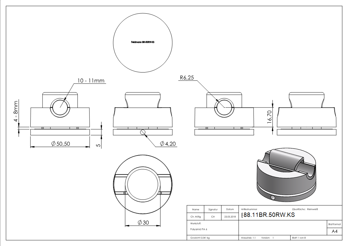 BRENK-fix® Halter Ø 50mm- Kunststoff- reinweiss 4 Stueck-88-11BR-50RW.KS