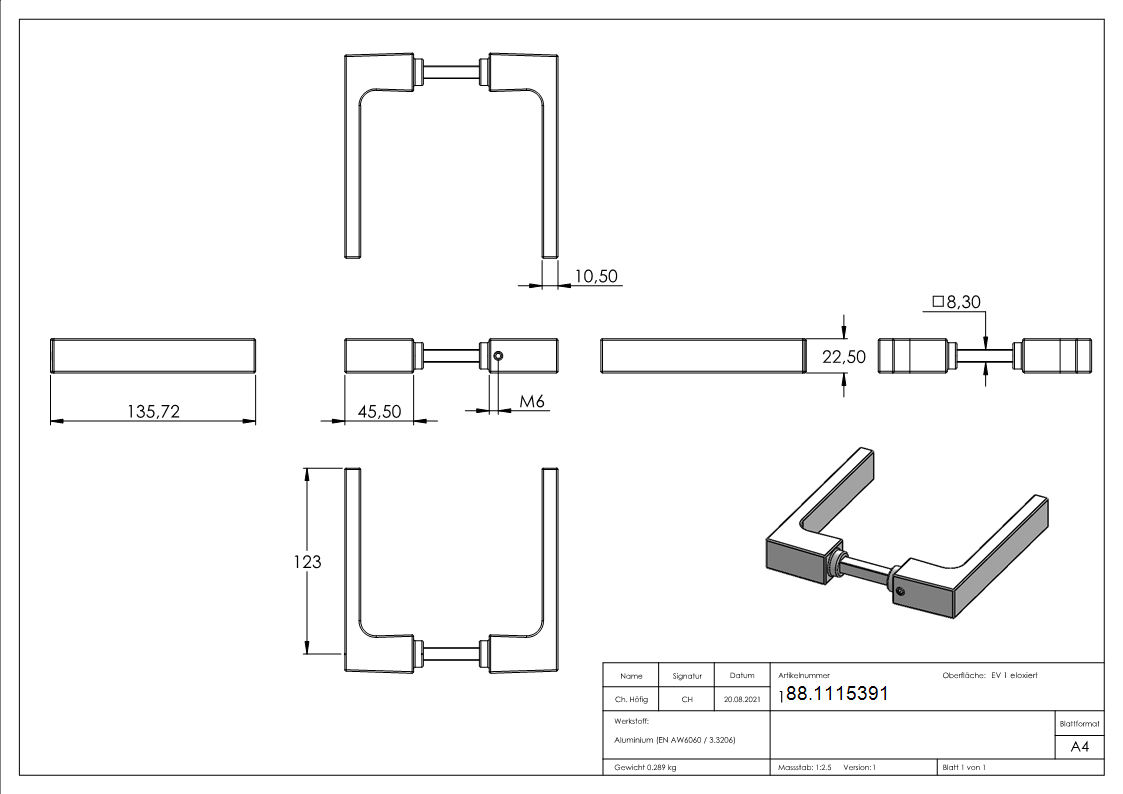 Tuerdruecker-Paar Aluminium eckig mit Vierkantstift 8x8 mm-88.1115391