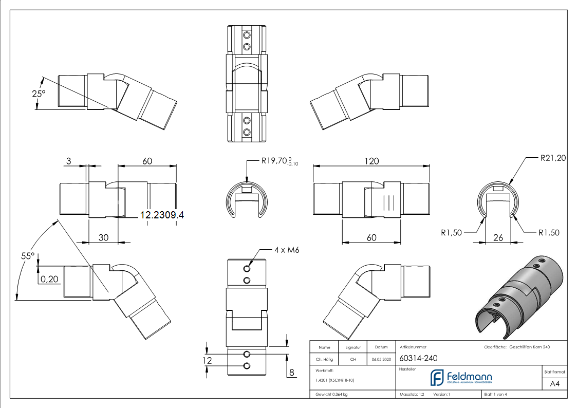 Connecteur flexible | vers le bas 25-55° | pour tube rainuré Ø 42.4 mm | V2A