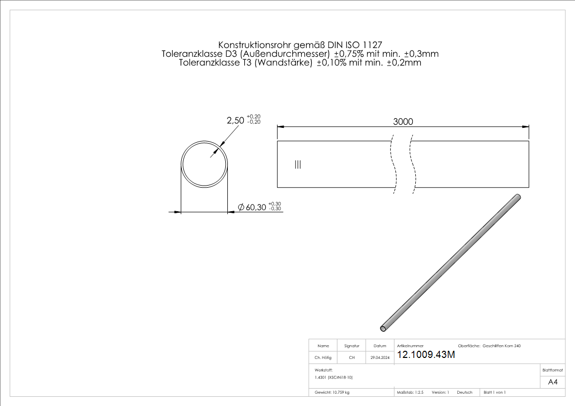 Tube rond Ø 60.3 x 2.5 mm á 3 m