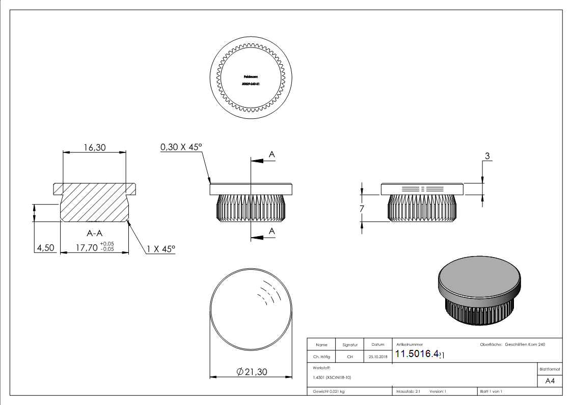 Einsteckkappe Edelstahl V2A fuer Rohr Ø 21-3 mm Wandstaerke 2-0 mm flach zum Einschlagen-11-5016.4