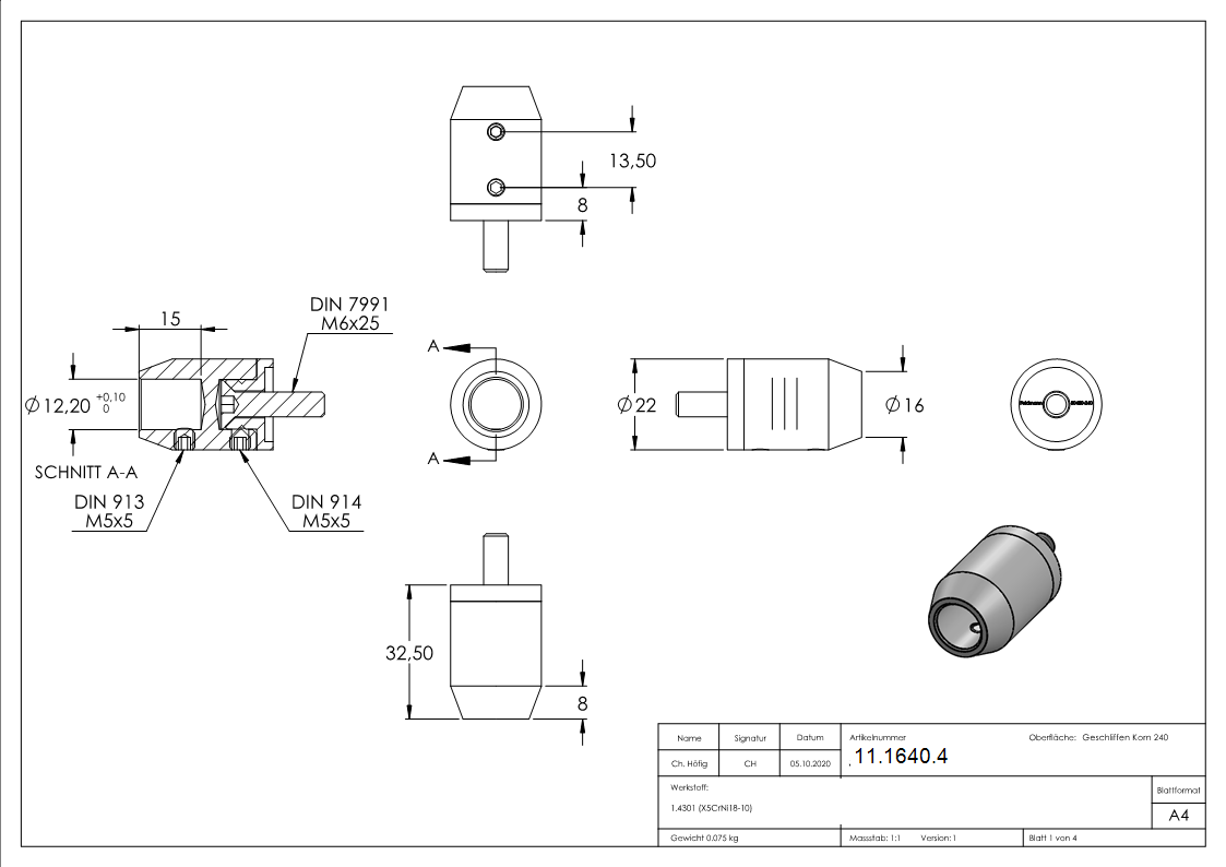 Querstabhalter V2A Edelstahl – Anschluss FLACH passend fuer Rundstaebe 10 mm zum Verbinden -Stoss- inkl- Schrauben-11-1640.4