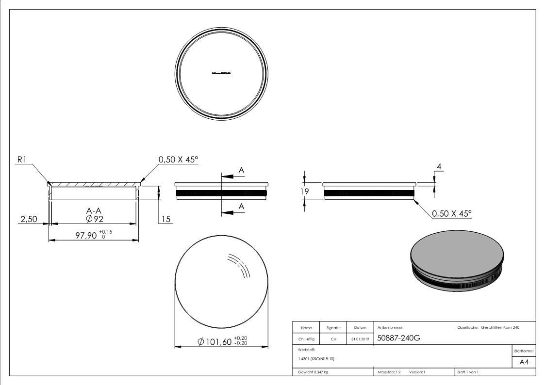 Bouchon, pour tuyau 101,6 x 2,0mm, V2A