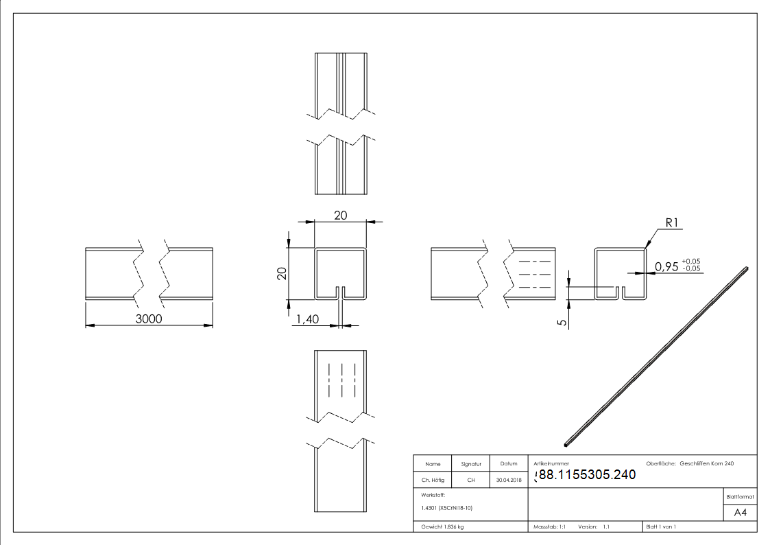 Klemmprofil- 20 x 20 x 1-0mm- Laenge- 3000mm-88-1155305.240