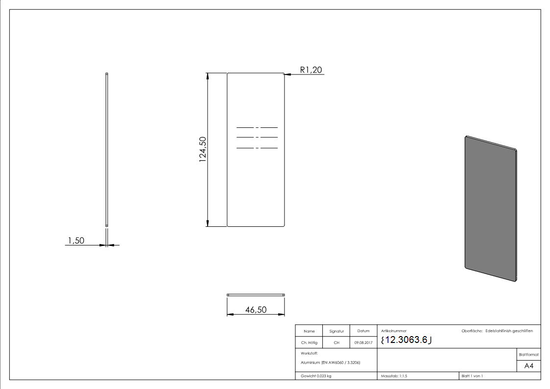 Capuchon d'extrémité | pour garde-corps tout verre | dimensions : 124.5x46.5x1.5 mm | aluminium