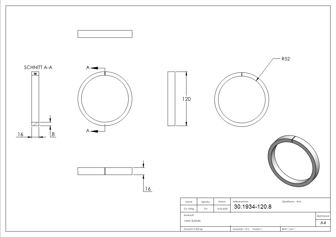 Anneau | Matériau : 16x8 mm | Ø extérieur 120 mm | Acier S235JR, brut