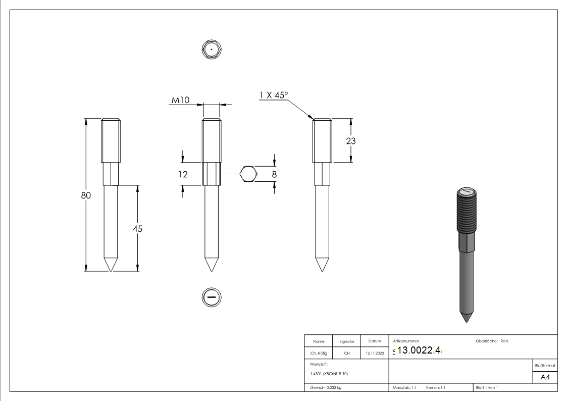 Boulon de suspension | Filetage : M10 | Longueur : 80 mm | V2A
