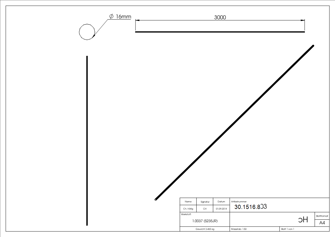 Rundeisen geschmiedet Ø 16 mm Laenge- 3000 mm Stahl -Roh- S235JR-30-1516.8