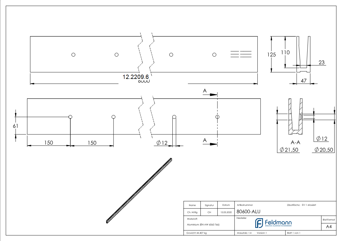 Alu-Profil - MASSIV - Laenge- 6000 mm - seitliche Montage - Aluminium-12-2209.6
