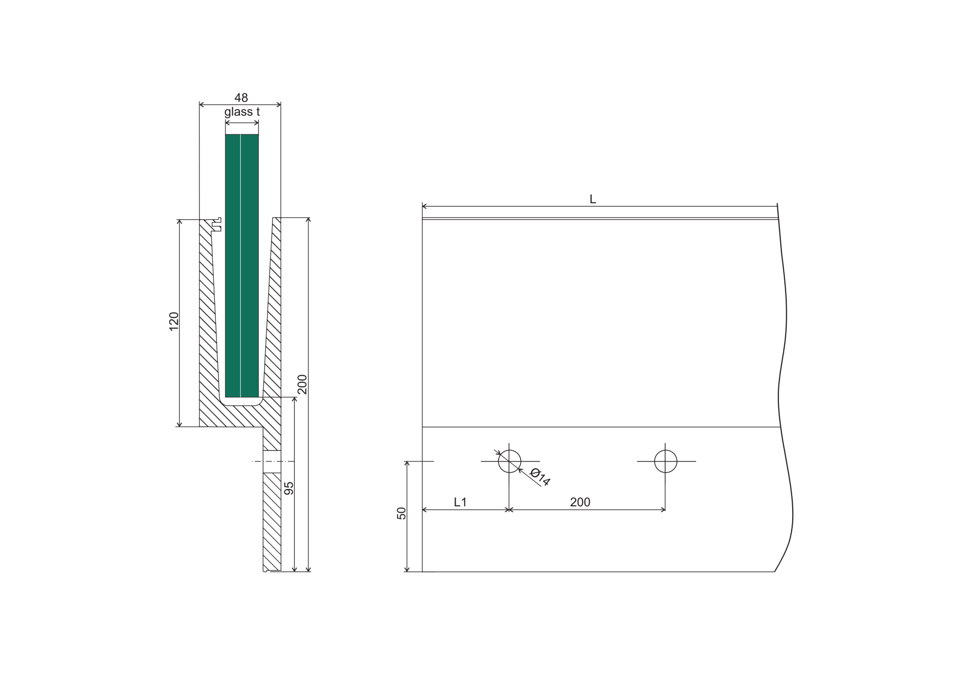Ganzglasgelaenderprofil Aluminium 6000 mm Glas 12-21-52 mm seitlich Natural-ELOX-89-11AL00116000NE-A.4