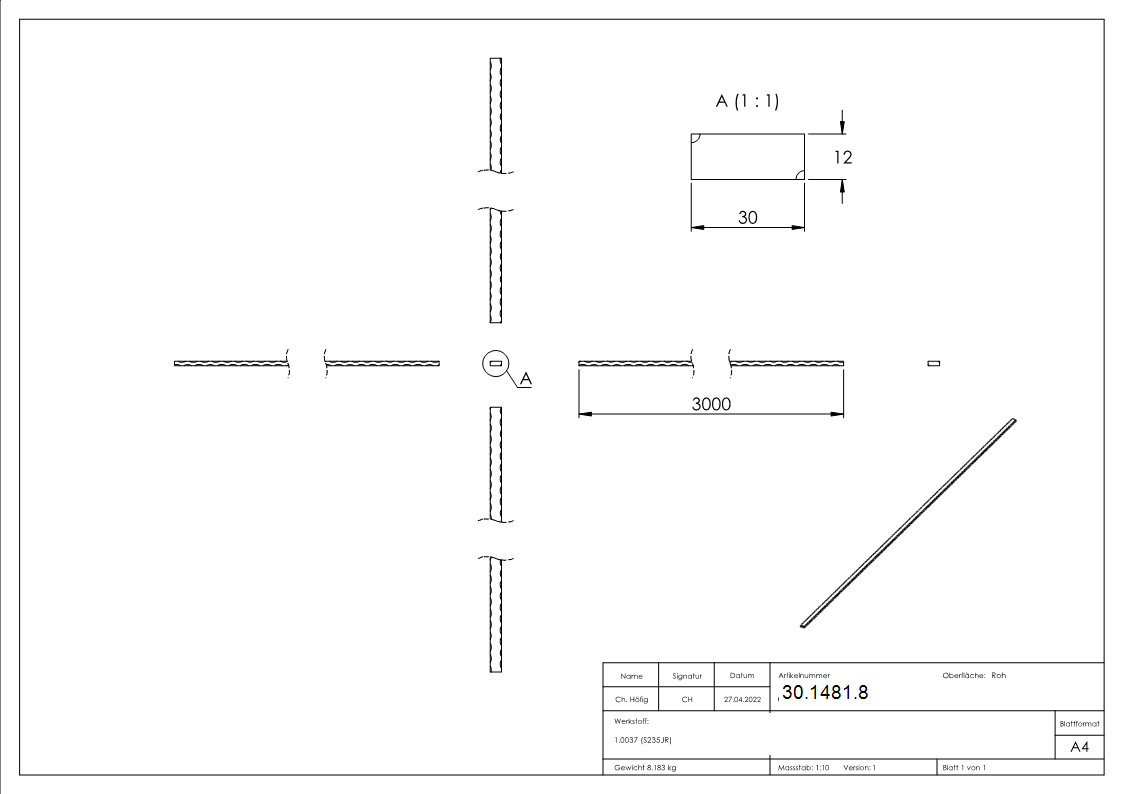 Flacheisen 30x12 mm Kanten gehaemmert 3000mm Schmiedeeisen Antik-30-1481.8