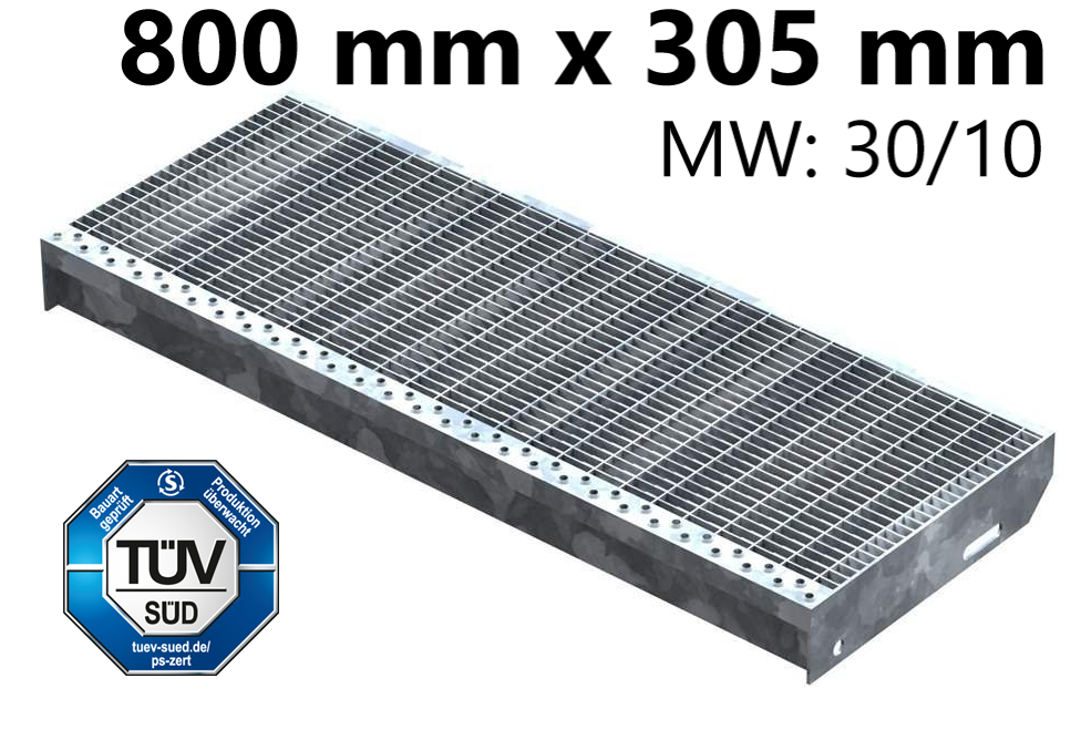 Marche en caillebotis Marche d'escalier | Dimensions : 800x305 mm 30/10 mm | S235JR (St37-2), galvanisé à chaud en bain complet