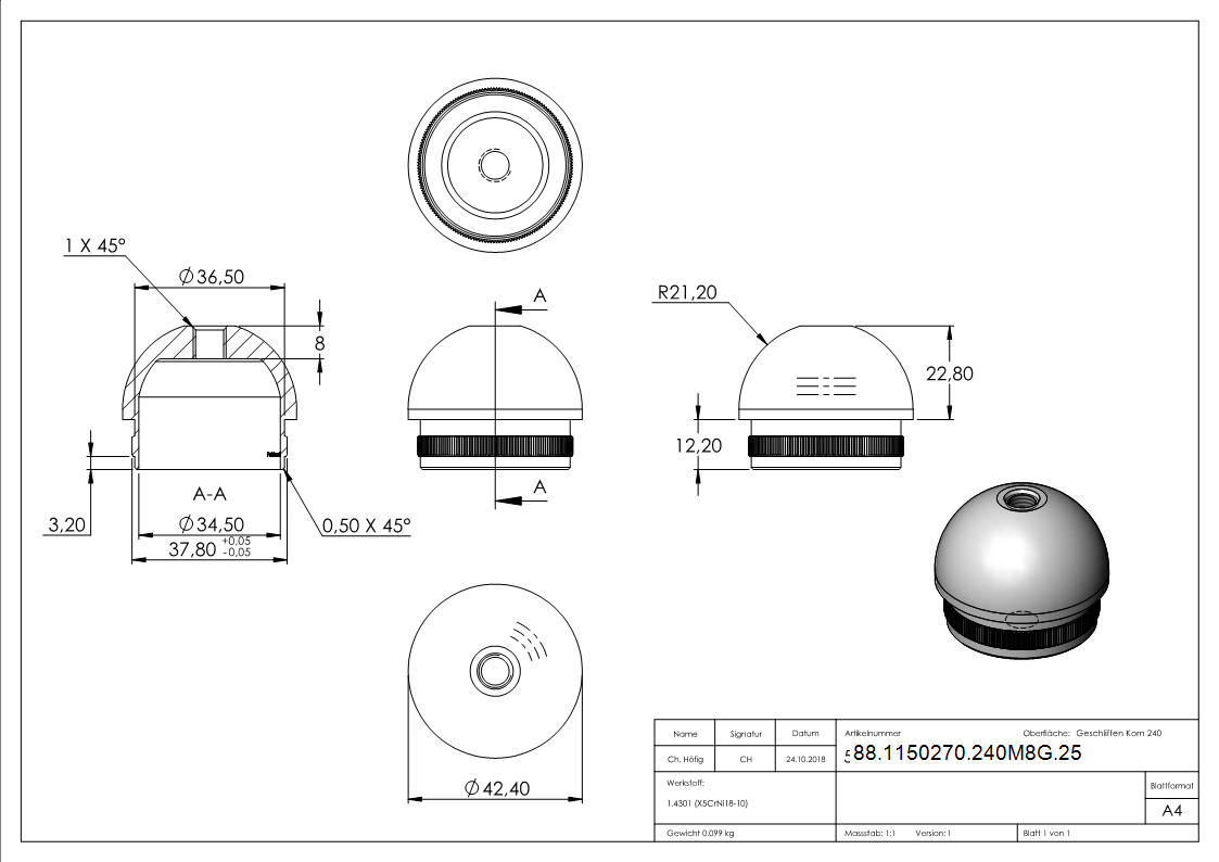 Einsteckkappe V2A Edelstahl fuer Rohr Ø 42-4 x 2-5 mm- M8 Gewinde- halbrund-88-1150270-240M8G.25