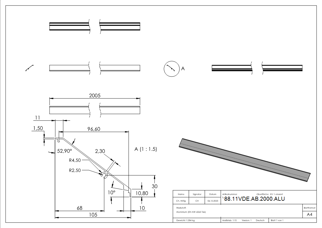 Design-Abdeckung fuer eleganza canopy- L=2005mm- Aluminium E4-EV1-88-11VDE-AB-2000.ALU