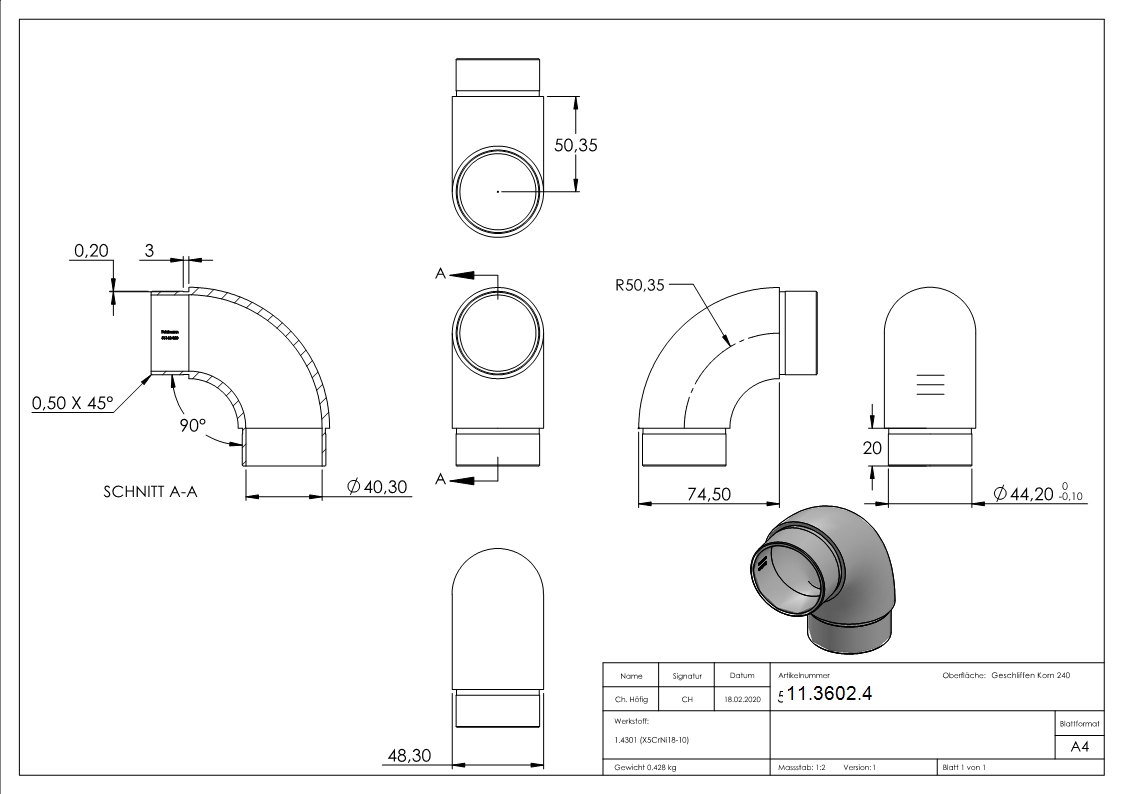 Rohrbogen 90° V2A fuer Rohr Ø 48-3 x 2-0 mm zum Stecken-11-3602.4
