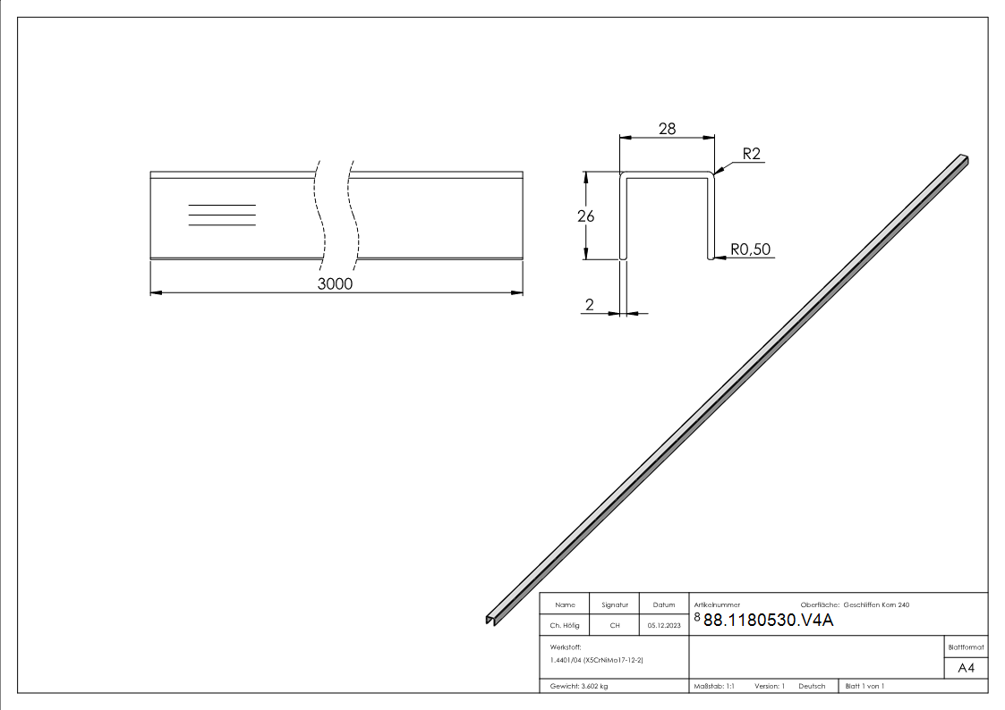 Edelstahl-U-Profil- 28 x 26 x 2mm- Laenge- 3000mm-88-1180530.V4A