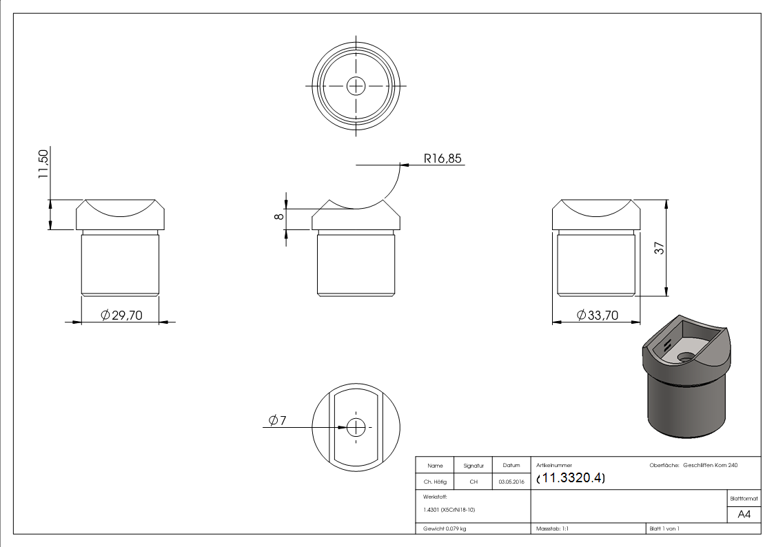 Sellette à coller pour tube rond Ø 33,7x2,0 mm V2A