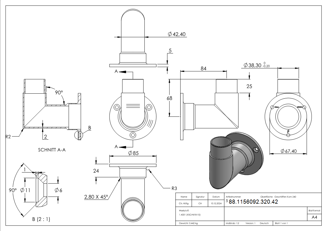 Support mural 90° pour tuyau 42,4 x 2,0mm