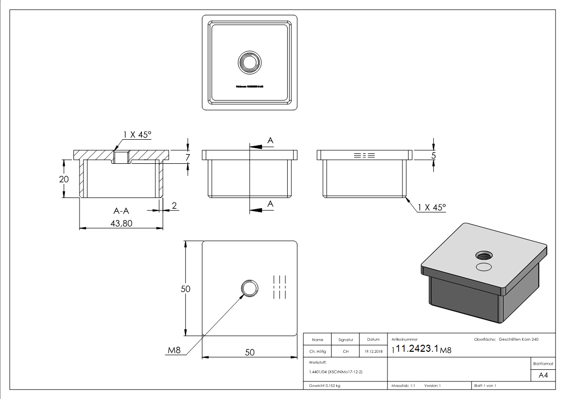 Capuchon d'insertion V4A avec M8 pour collage pour tube 50x50x3,0 mm