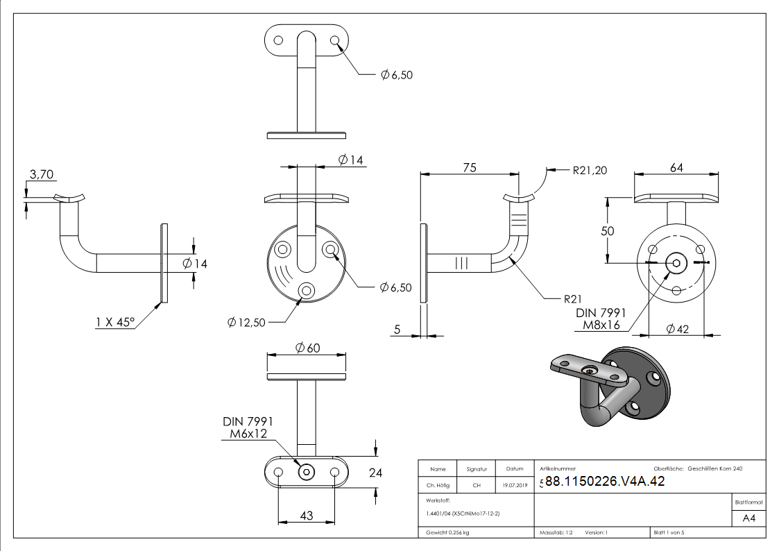 Handlaufhalter V4A fuer Rohr 42-4 mm Wandabstand 74 mm Ronde 60x5 mm ohne Kabeldurchfuehrung-88-1150226-V4A.42