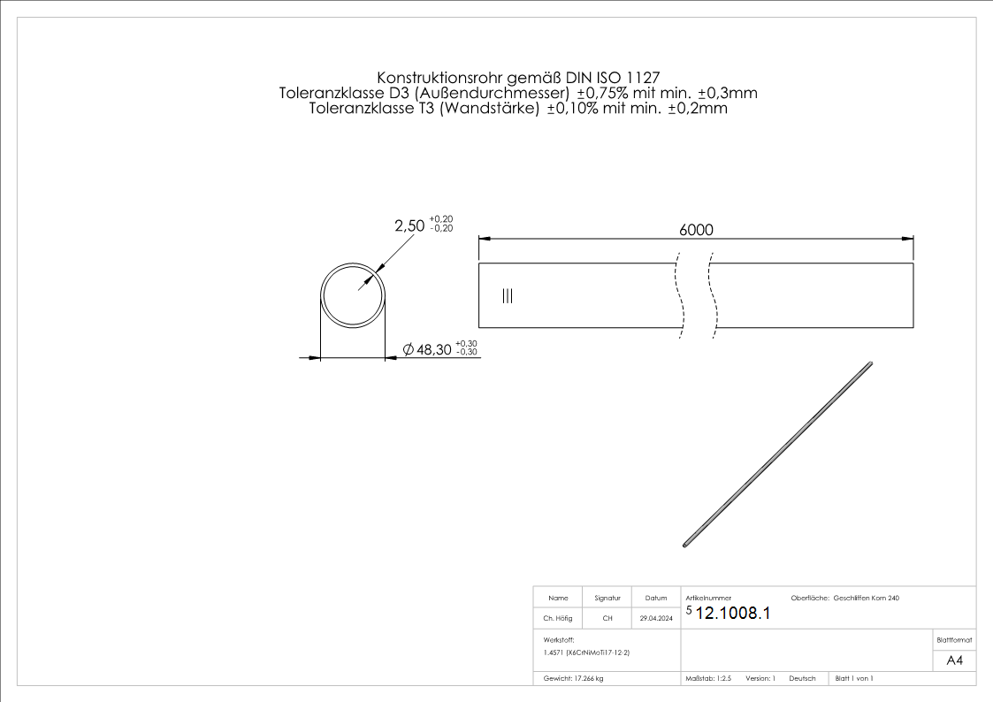 Rundrohr Ø 48-3 x 2-6 mm á 6 m Edelstahl-12-1008.1