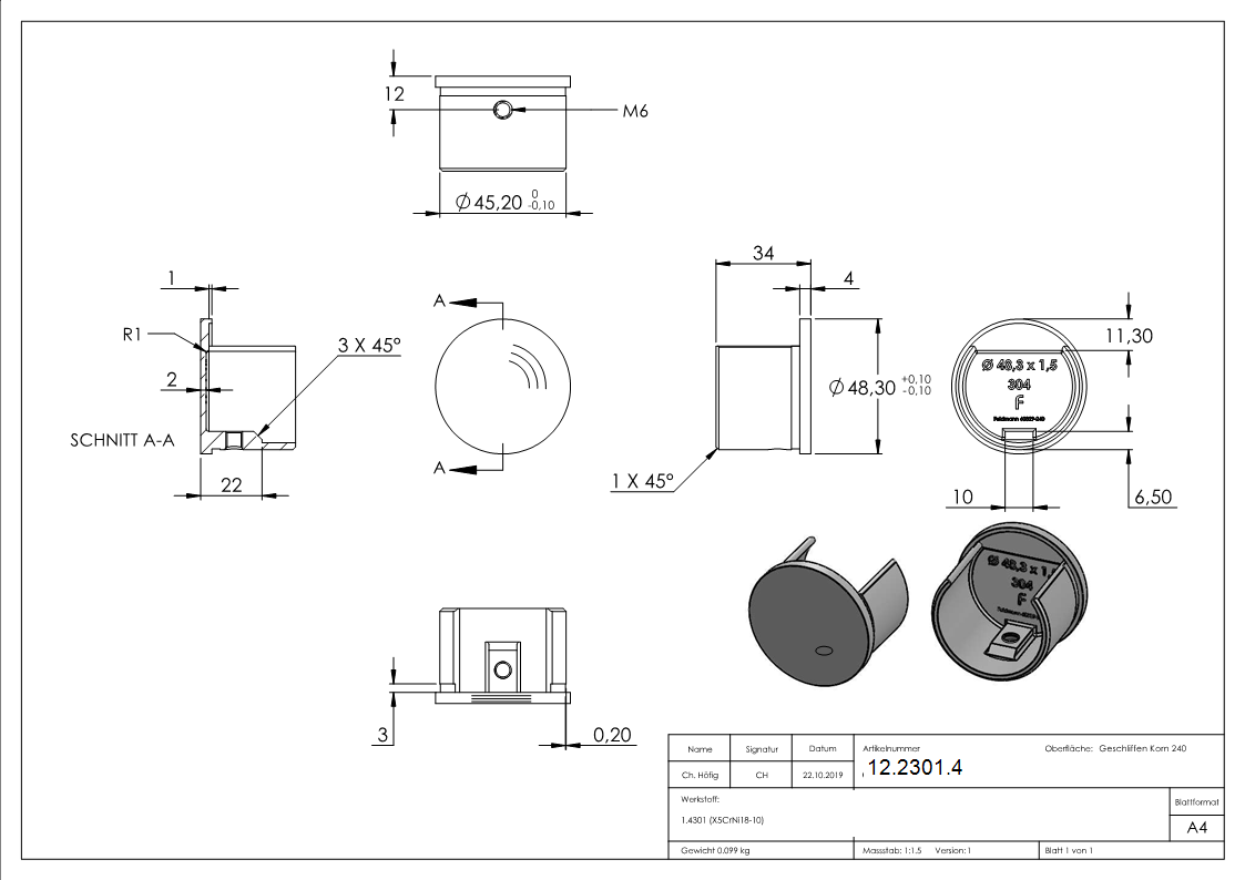 Endkappe - flache Ausfuehrung - fuer Nutrohr Ø 48-3 mm - V2A-12-2301.4