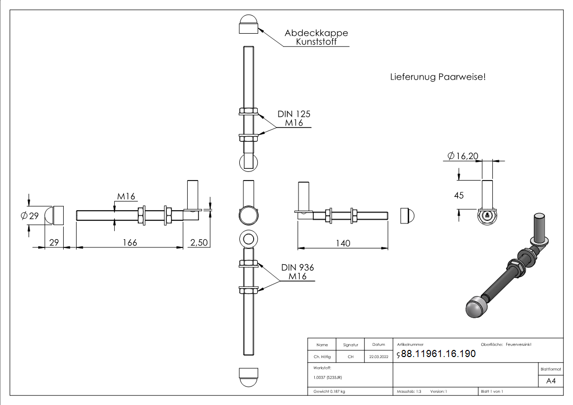 Einhaengeband Torband zum Durchschrauben fuer Ø 16mm- Laenge 190mm-88-11961-16.190
