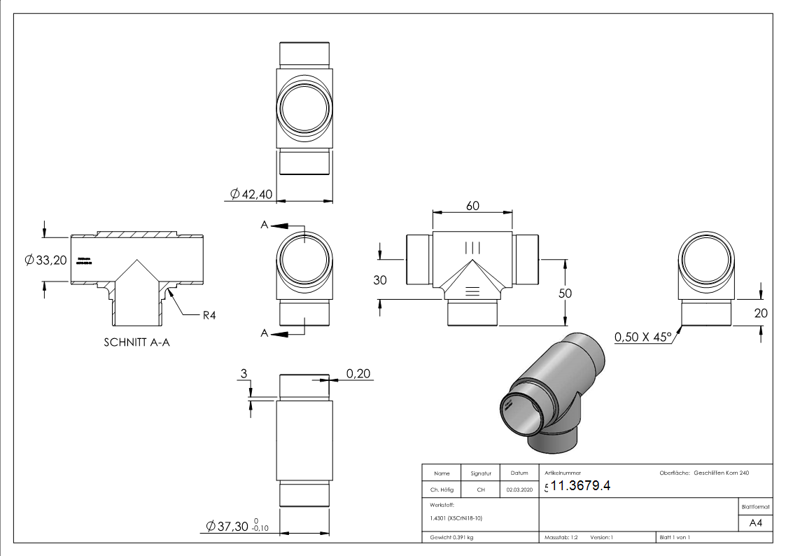 T-Stueck mit gleichen Abgaengen fuer Rundrohr Ø 42-4x2-6 mm V2A-11-3679.4