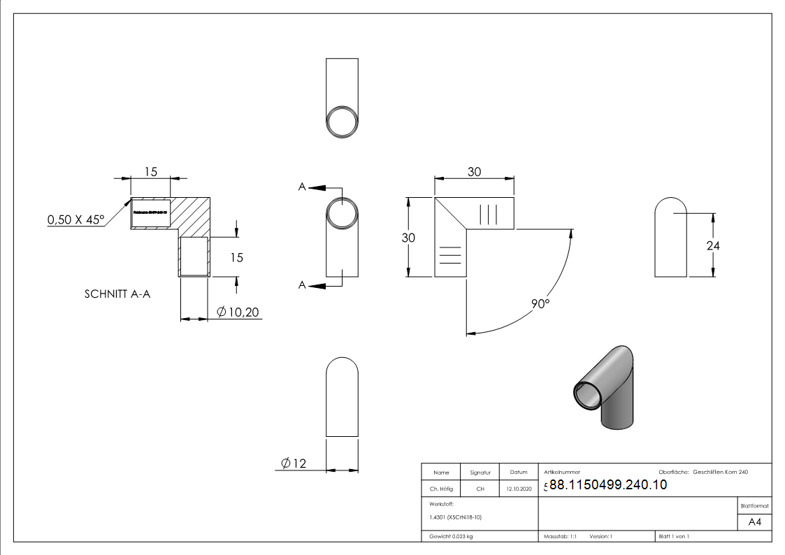 Rundstabverbinder V2A Ø 10 mm 90° Winkel zum Kleben-88-1150499-240.10
