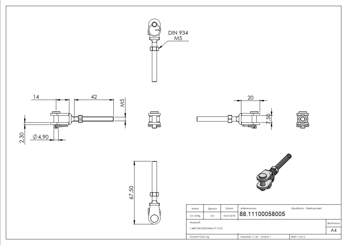 Gabelterminal Edelstahl V4A M5 Aussengewinde rechts-88.11100058005