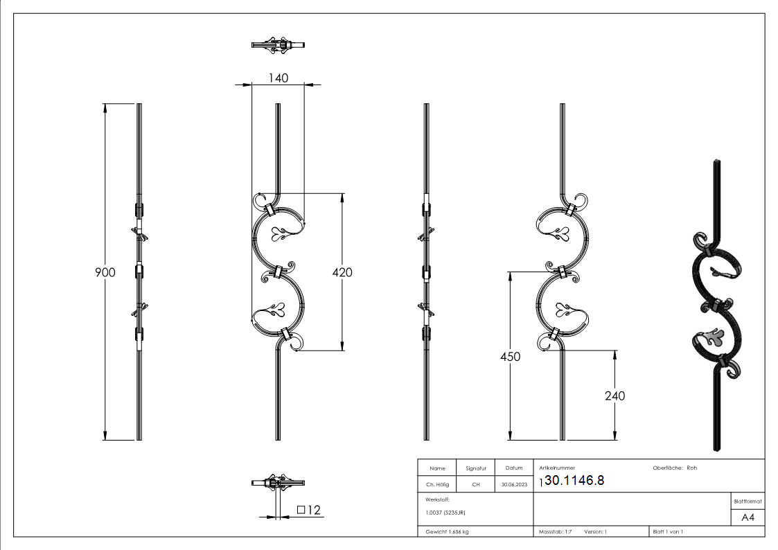 Zierstab - Laenge- 900 mm - Material- 12x12 mm gerillt - Stahl S235JR- roh-30-1146.8
