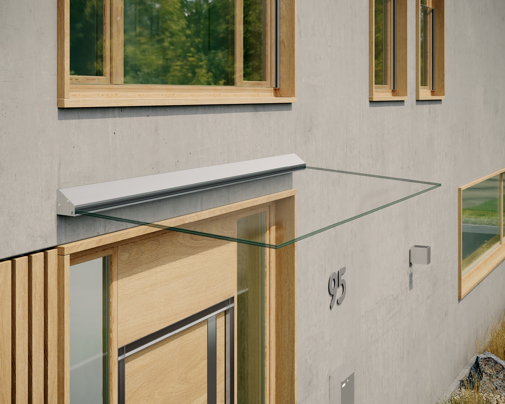 Glas-Vordach Komplettpaket Eleganza Canopy 2005mm - Inkl- VSG-Glasscheibe - Statik - Edelstahl-Optik-88-11VDE-CANOPY-2005.EV1