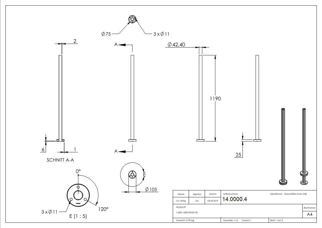 Gelaenderpfosten zum Selbstbearbeiten Laenge- 1190 mm V2A-14-0000.4