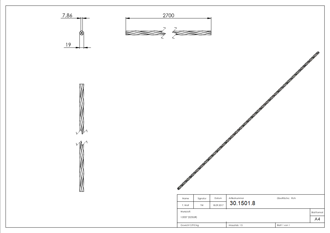 Main courante en bois | Matériau : Ø 19 mm | Longueur : 2700 mm | Acier (brut) S235JR