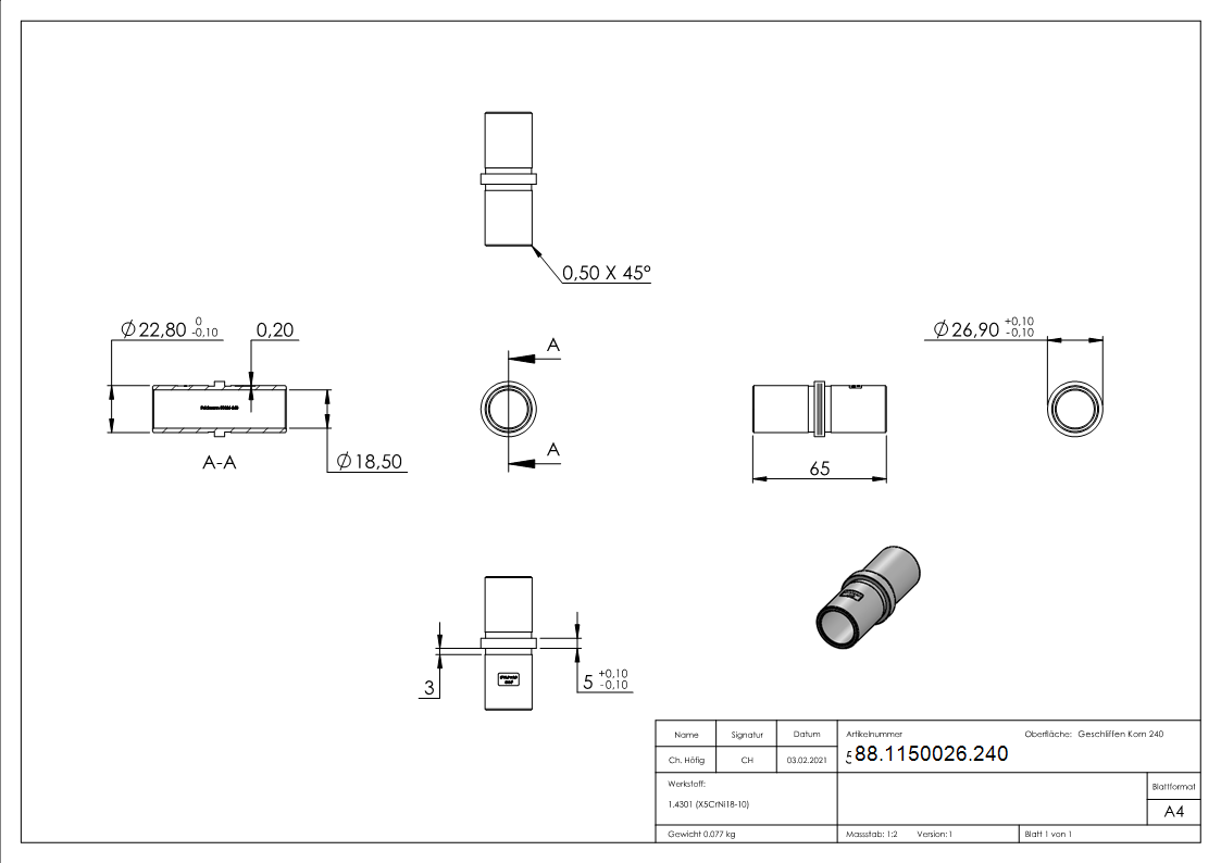 Connecteur pour tuyau 26,9 x 2,0mm