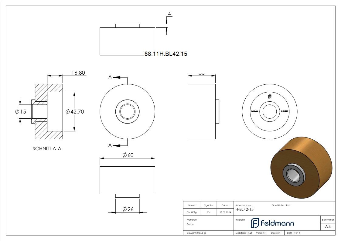 Bohrlehre fuer Holzhandlauf Ø 42-4mm fuer Duebel Ø 15mm-88-11H-BL42.15