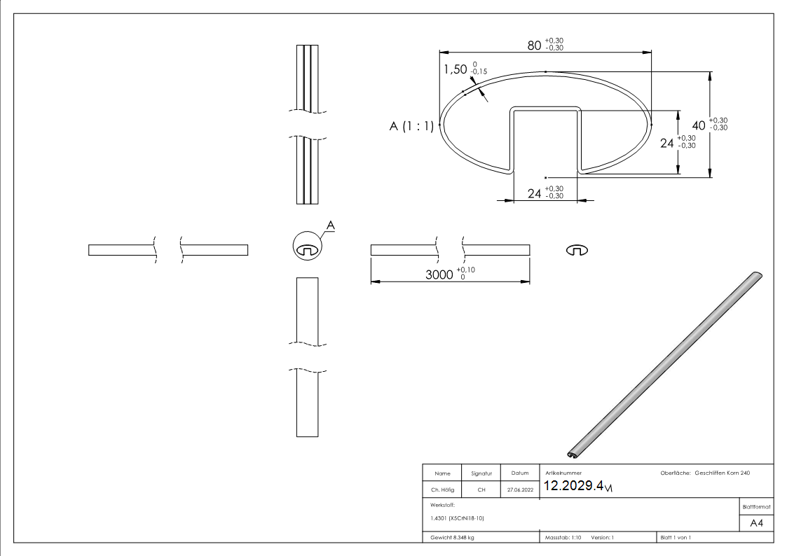 Tube ovale rainuré | Dimensions : 80x40x1,5 mm | Rainure : 24x24 mm | Longueur : 3000 mm | V2A