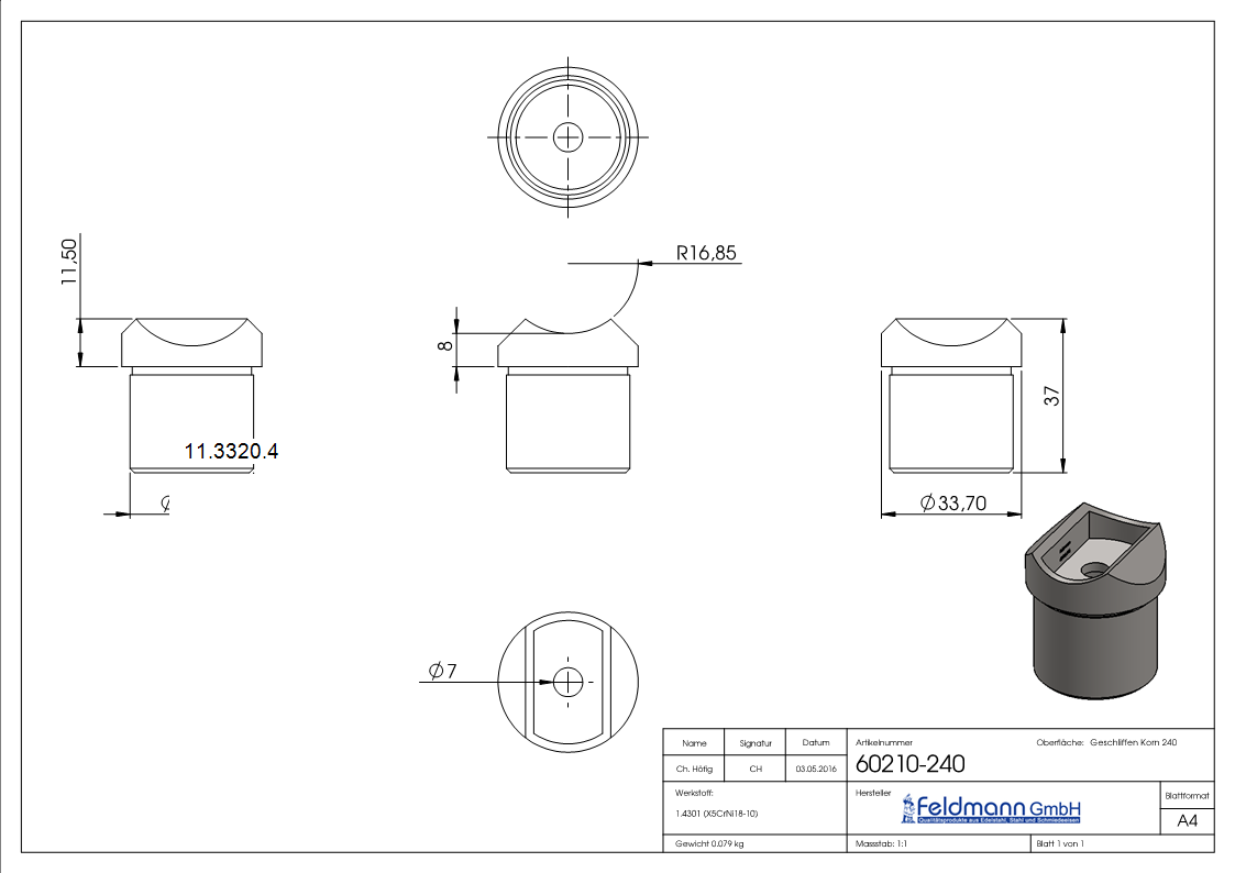 Rohrsattel zum Kleben fuer Rundrohr Ø 33-7x2-0 mm V2A-11-3320.4