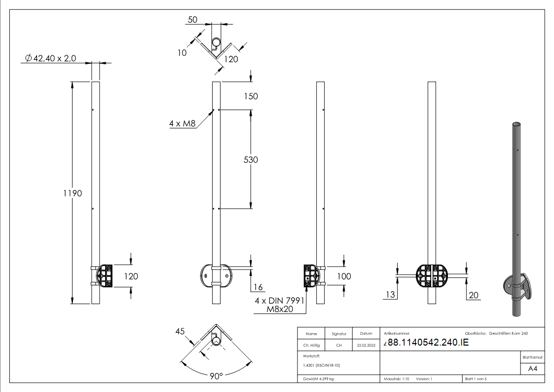 Edelstahlpfosten V2A zur Wandmontage fuer 90° Inneneck- Laenge 1190mm-88-1140542-240.IE