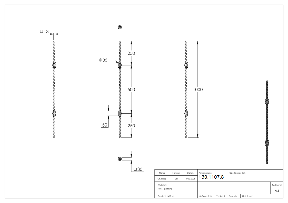 Zwischenstab - Laenge- 900 mm - Material- 13x13 mm - gehaemmert - Stahl S235JR- roh-30-1107.8