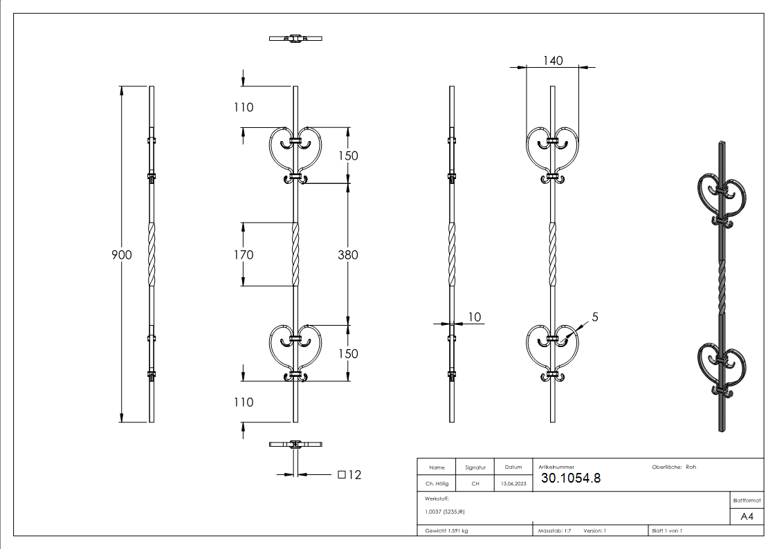 Zierstab - Laenge- 900 mm - Material- 12x12 mm - glatt - Stahl -Roh- S235JR-30-1054.8