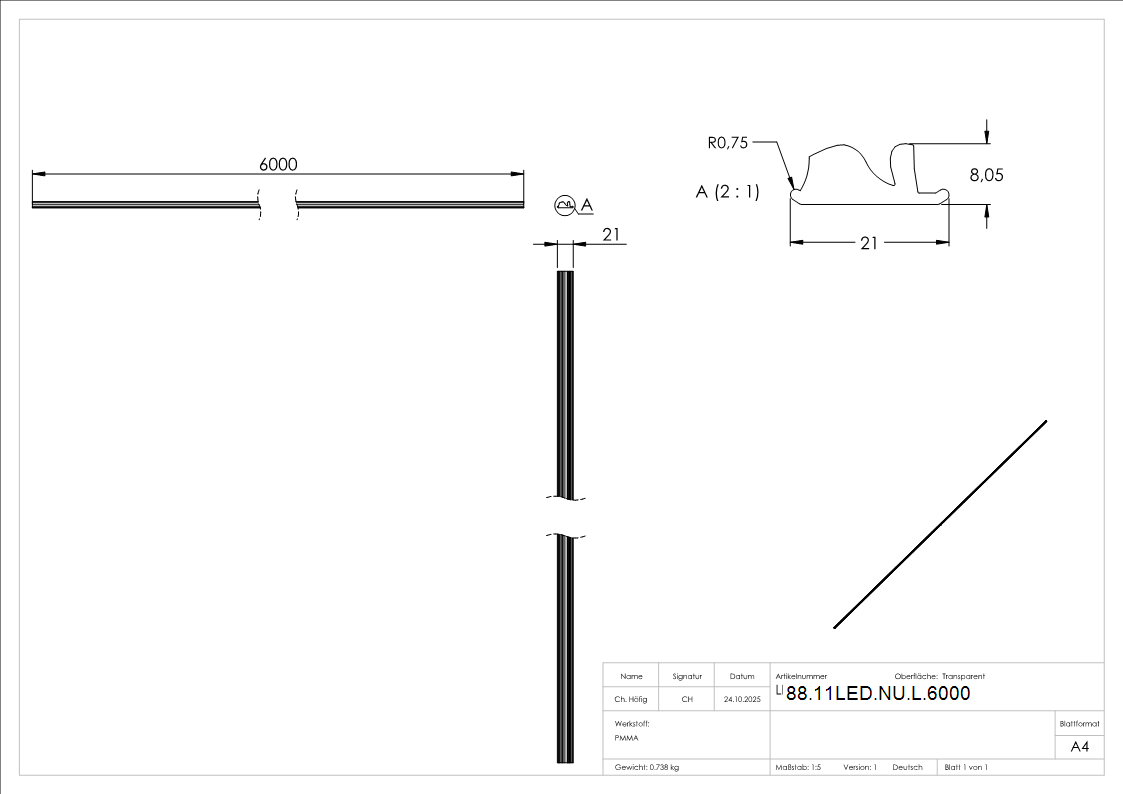 LED-Linse PMMA L 6000 mm fuer Rund-Nutrohr 42-4 mm gerichtete Lichtverteilung-88-11LED-NU-L.6000