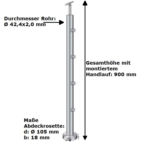 Gelaenderpfosten V2A D42-4 mm x 1000 mm Oberverankerung- 5 Fuellstabhalter- geschliffen-14-0068RR-A.4