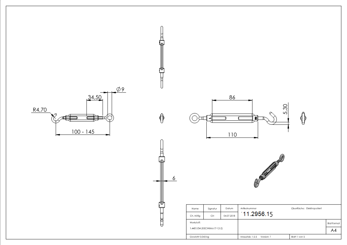 Spannschloss - M5 - Oese-Haken - mit Links-Rechtsgewinde - V4A-11-2956.1