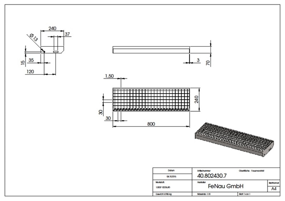 Marche en caillebotis Marche d'escalier | Dimensions : 800x240 mm 30/30 mm | S235JR (St37-2), galvanisé à chaud en bain complet