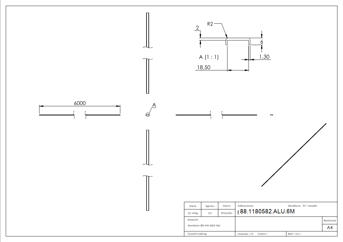 Kantenschutz EXTRA SLIM- fuer Glas 16-00 - 17-52mm- L=6m- Aluminium E4-EV1-88-1180582-ALU.6M