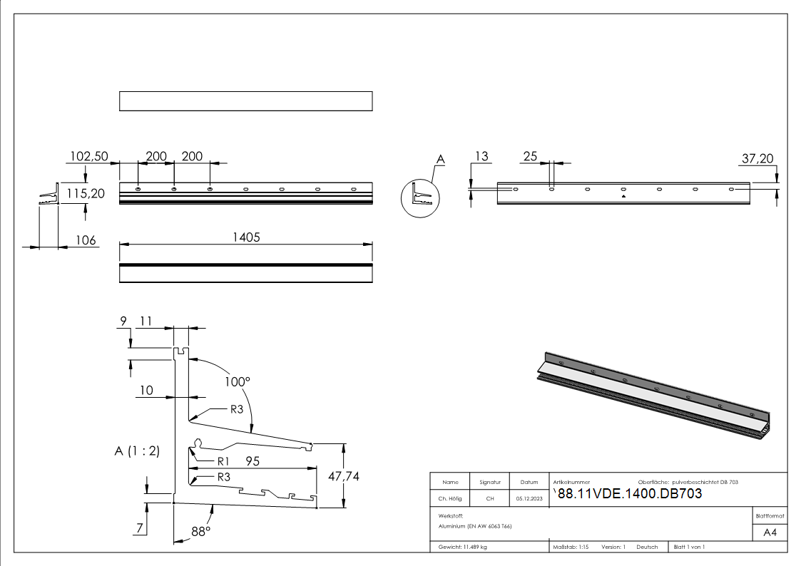 Vordachprofil eleganza canopy- L- 1405mm- DB703-88-11VDE-1400.DB703
